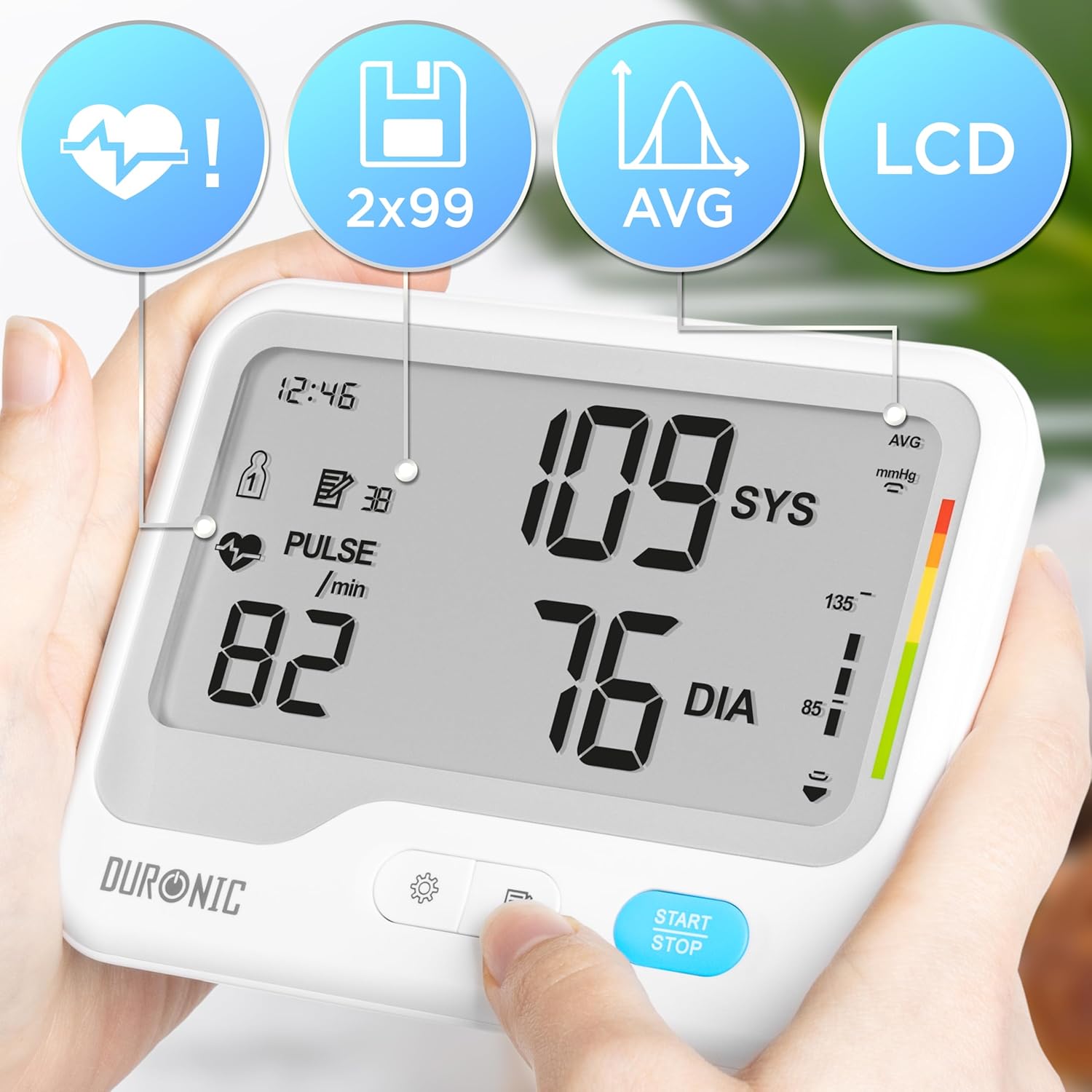 Duronic BPM125 Misuratore di Pressione da Braccio Digitale, Sfigmomanometro Automatico con Bracciale Regolabile, Memoria, Display Luminoso,Rilevazione Aritmie, 4 Batterie AA Incluse