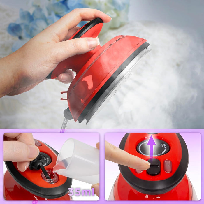 Duronic SI3 RD Mini Ferro da Stiro | Ferro da viaggio a vapore 400W | Serbatoio 35ml | Steamer portatile con base dappoggio e borsello da viaggio | Per lavori di cucito, quilting | Rosso