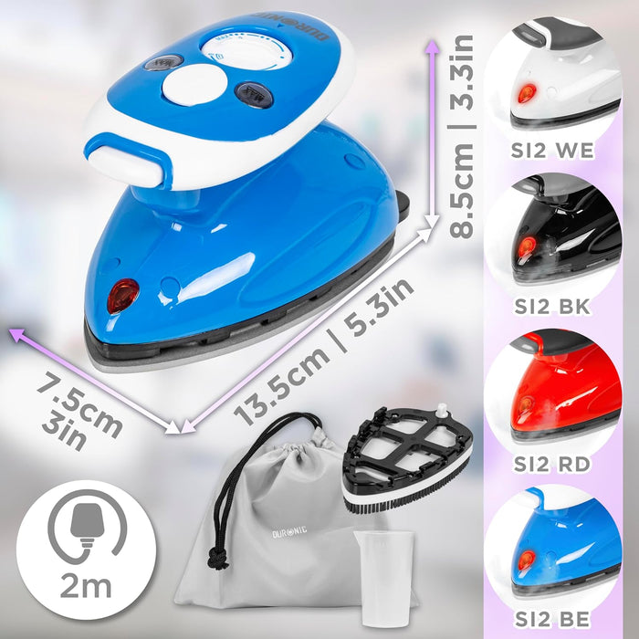 Duronic SI2 BE Mini Ferro da Stiro, Ferro da viaggio a vapore 375 W, Serbatoio 50ml, Steamer portatile con spazzola e borsello da viaggio, Ferro a vapore per lavori di cucito, quilting, Bianco