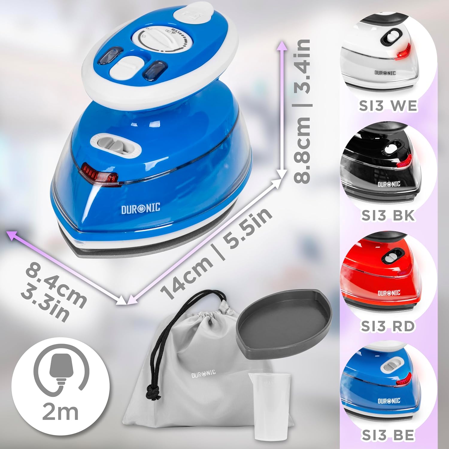 Duronic SI3 BE Mini Ferro da Stiro | Ferro da viaggio a vapore 400W | Serbatoio 35ml | Steamer portatile con base dappoggio e borsello da viaggio | Per lavori di cucito, quilting | Blu