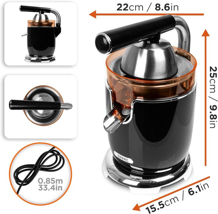 Duronic JE605 Spremiagrumi elettrico 600W, Estrattore inox 400ml, Spremiagrumi con leva e filtro regolabile, Spremitore per agrumi con 2 coni, per succo di arancia limone lime pompelmo