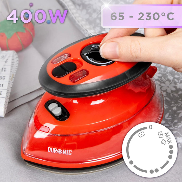 Duronic SI3 RD Mini Ferro da Stiro | Ferro da viaggio a vapore 400W | Serbatoio 35ml | Steamer portatile con base dappoggio e borsello da viaggio | Per lavori di cucito, quilting | Rosso