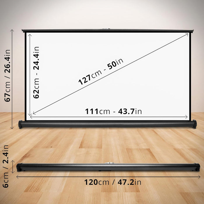 Duronic DPS50 /169 Schermo di proiezione 50 formato 16:9/111 x 62 cm Telo proiettore da tavolo per interni/esterni Full HD 3D 4K - Home cinema home theater ufficio| Montabile a parete o a soffitto