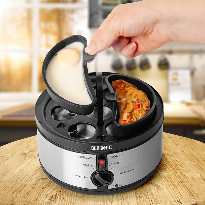 Duronic EB35 BK Cuociuova elettrico, 350W Cuoci uova fino a 7 uova, Bollitore uova per uova Sode Medie Alla coque, Cuocitore di Uova con 2 vassoi per Frittata uovo in camicia Omelet maker, Egg cooker
