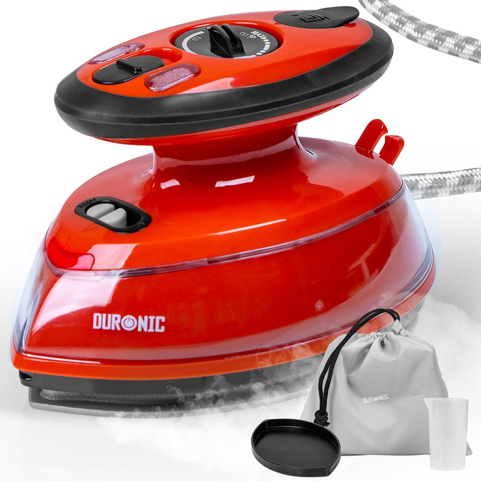 Duronic SI3 RD Mini Ferro da Stiro | Ferro da viaggio a vapore 400W | Serbatoio 35ml | Steamer portatile con base dappoggio e borsello da viaggio | Per lavori di cucito, quilting | Rosso