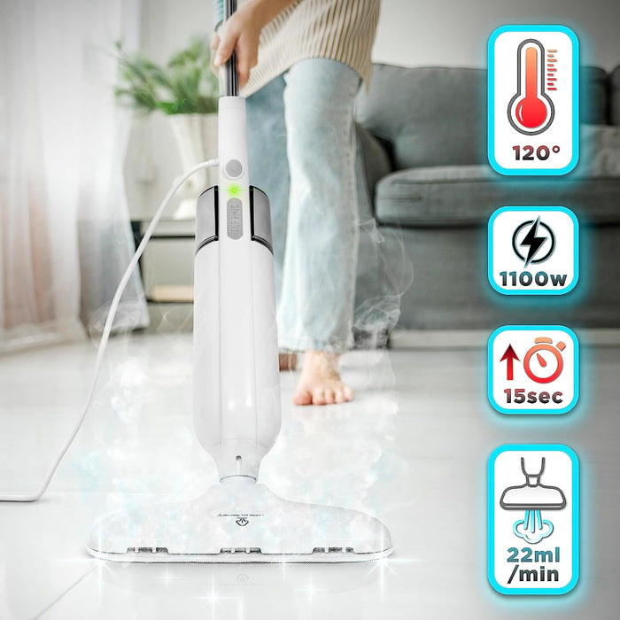 Duronic STM11 Lavapavimenti a vapore 1100W | Scopa a vapore 120°C con serbatoio da 300ml | 3 panni inclusi riscalda in 15sec | Cavo 4.5m | Pulitore a vapore per pavimenti | Elimina batteri e virus