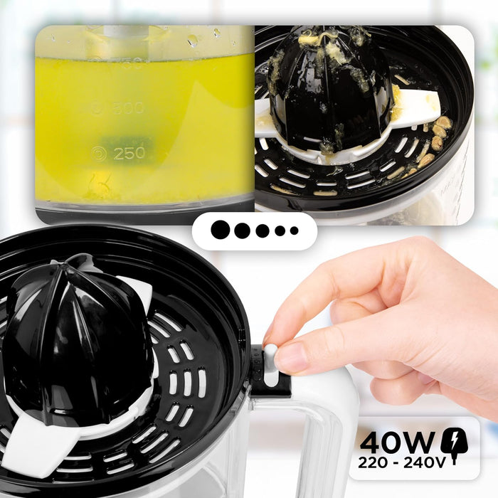 Duronic JE416 Spremiagrumi elettrico 40W, Estrattore 1,6 L, Spremiagrumi automatico con filtro regolabile, Spremitore per agrumi con 2 coni, per succo di arancia limone lime pompelmo