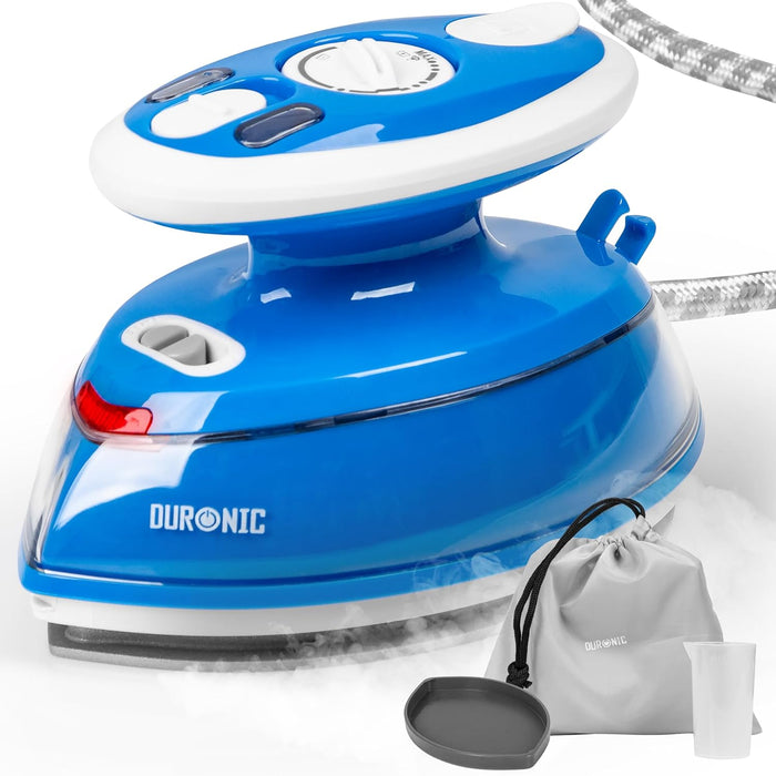 Duronic SI3 BE Mini Ferro da Stiro | Ferro da viaggio a vapore 400W | Serbatoio 35ml | Steamer portatile con base dappoggio e borsello da viaggio | Per lavori di cucito, quilting | Blu