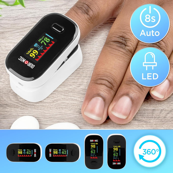 Duronic OX02 Pulsossimetro da Dito Professionale, Saturimetro Portatile con Display LED, Ossimetro Misura Saturazione Ossigeno, Frequenza Cardiaca, Per Anziani, Bambini, Sportivi, Custodia Inclusa