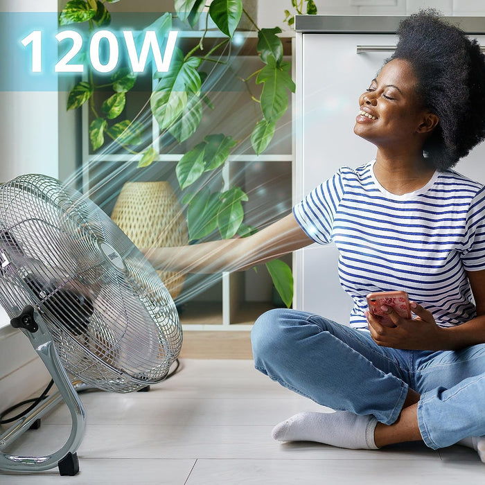 Duronic FN20 Ventilatore silenzioso da pavimento, tavolo 120W | Ventola in metallo 20 | 4 velocità | Inclinazione 90° | Macchina del vento cromata | Casa, cucina, palestra, magazzini, ufficio