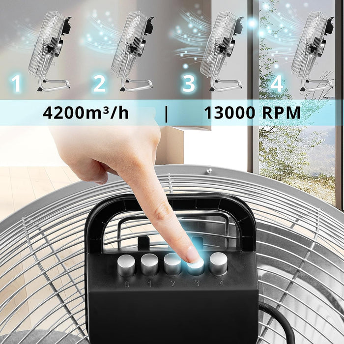 Duronic FN20 Ventilatore silenzioso da pavimento, tavolo 120W | Ventola in metallo 20 | 4 velocità | Inclinazione 90° | Macchina del vento cromata | Casa, cucina, palestra, magazzini, ufficio