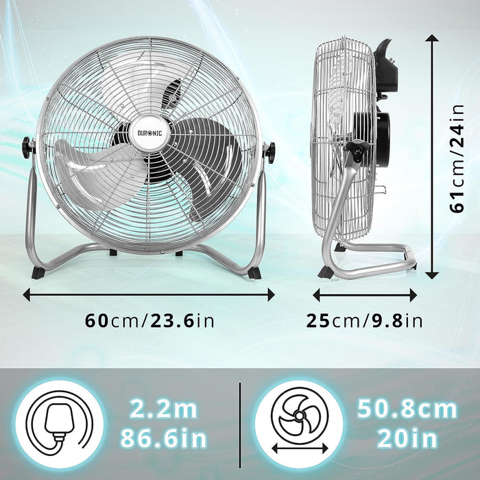 Duronic FN20 Ventilatore silenzioso da pavimento, tavolo 120W | Ventola in metallo 20 | 4 velocità | Inclinazione 90° | Macchina del vento cromata | Casa, cucina, palestra, magazzini, ufficio