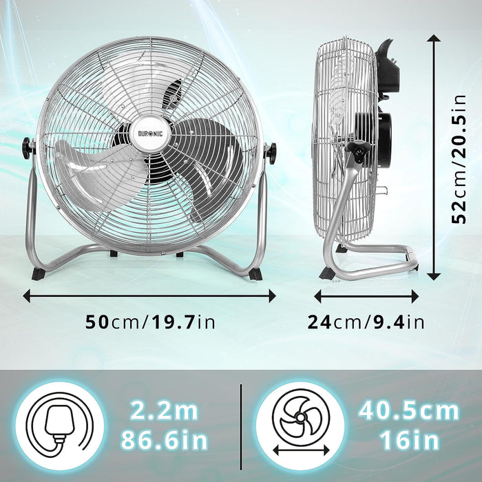 Duronic FN16 Ventilatore silenzioso da pavimento, tavolo 75W | Ventola in metallo 16 | 4 velocità | Inclinazione 90° | Macchina vento cromata | Casa, cucina, palestra, magazzini, ufficio