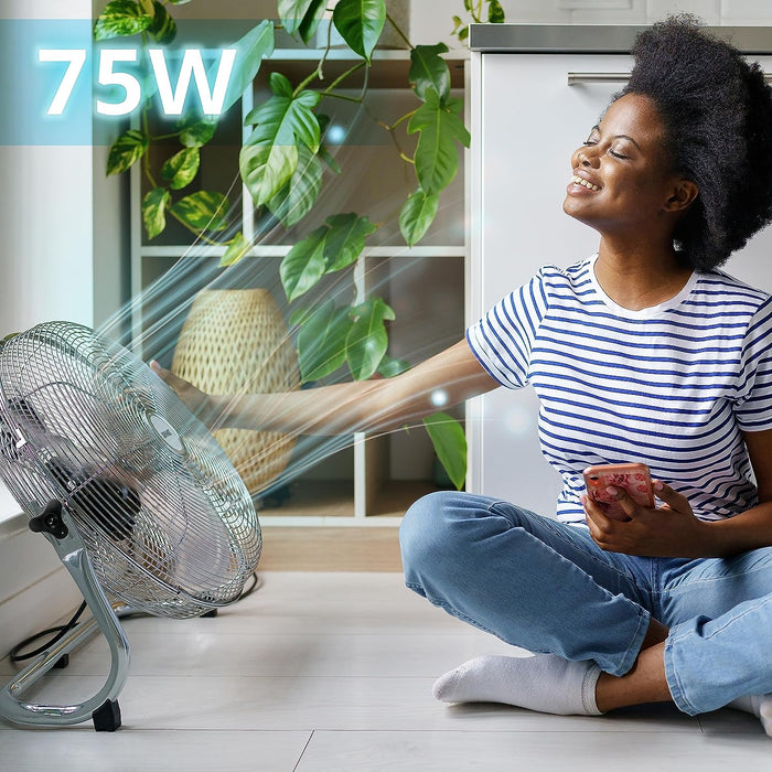 Duronic FN16 Ventilatore silenzioso da pavimento, tavolo 75W | Ventola in metallo 16 | 4 velocità | Inclinazione 90° | Macchina vento cromata | Casa, cucina, palestra, magazzini, ufficio