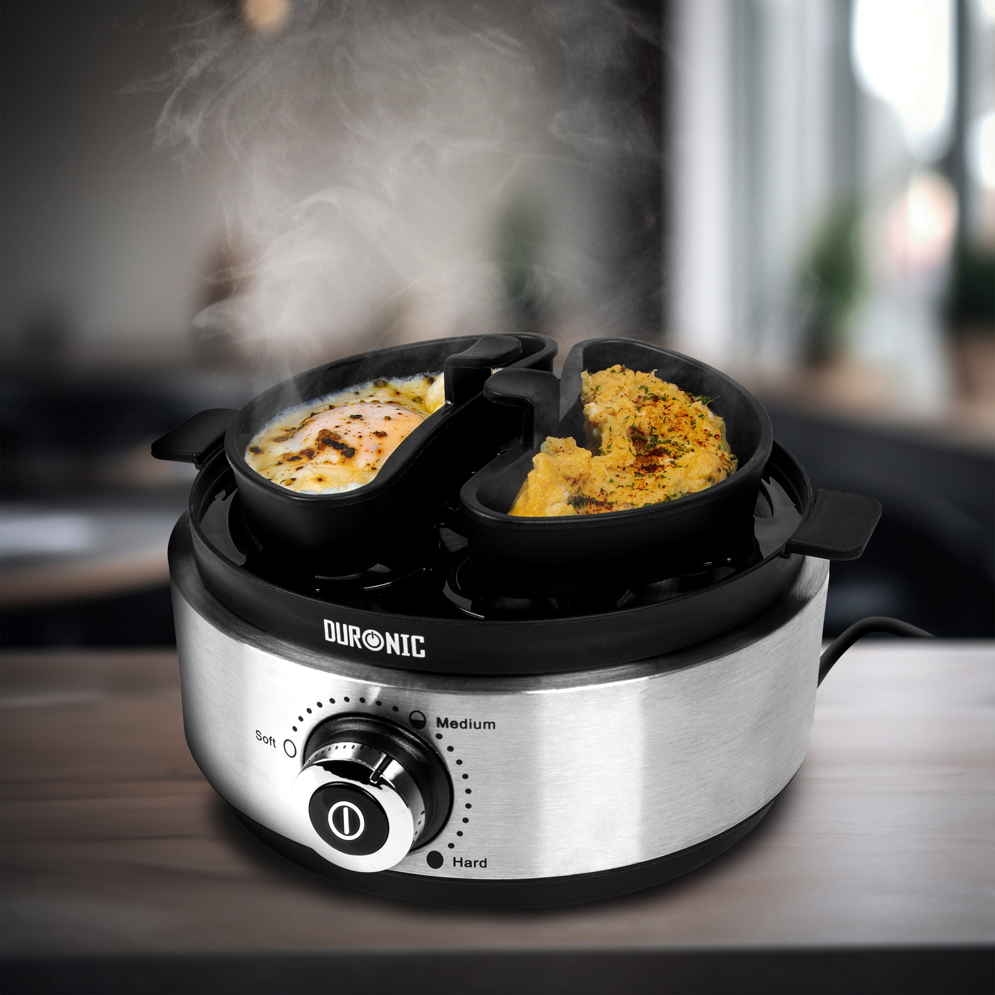 Duronic EB40 BK Cuociuova elettrico, 400W Cuoci uova fino a 7 uova, Bollitore uova per uova Sode Medie Alla coque Cuocitore di Uova, 2 vassoi per Frittata e uovo in camicia, Omelet maker Egg cooker
