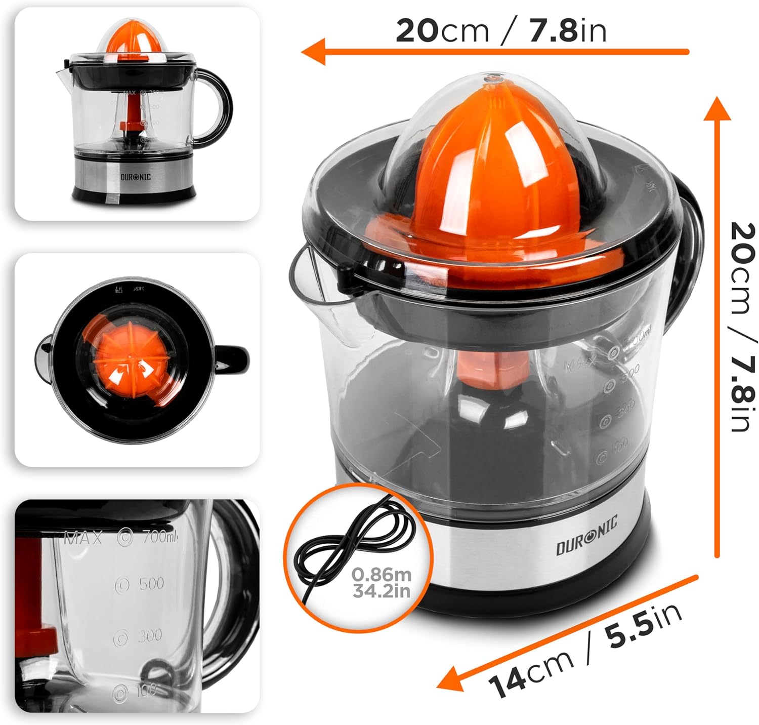 DURONIC JE407 spremiagrumi elettrico con misure specifiche, capacità in ml e parti del prodotto.