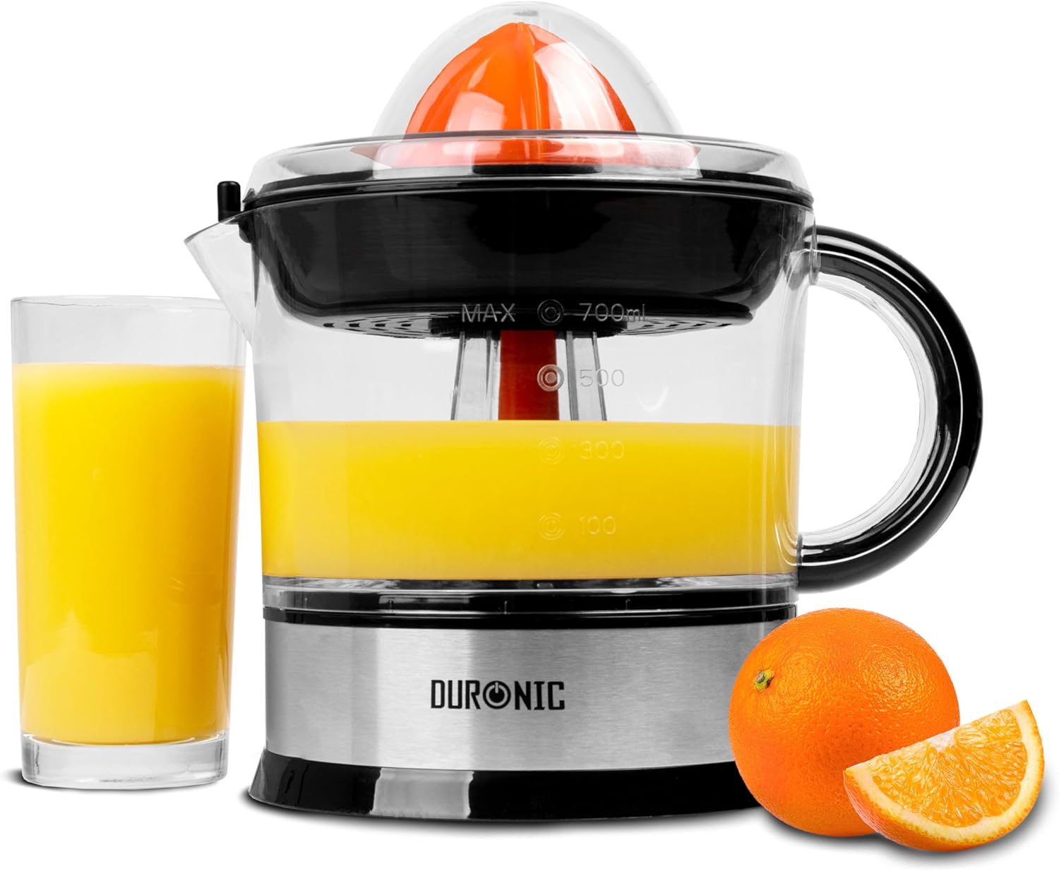 DURONIC JE407 spremiagrumi elettrico con succo d'arancia e arancia fresca.