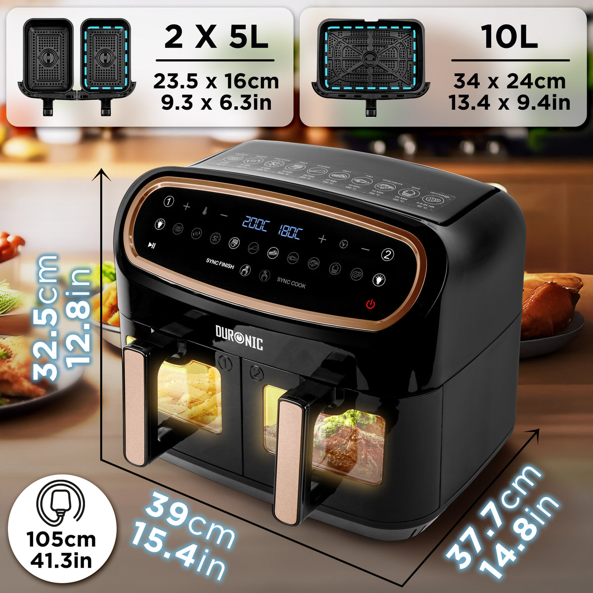 Duronic AF34 BG Dimensioni della friggitrice ad aria con doppio cestello da 5 L e cestello grande da 10 L.