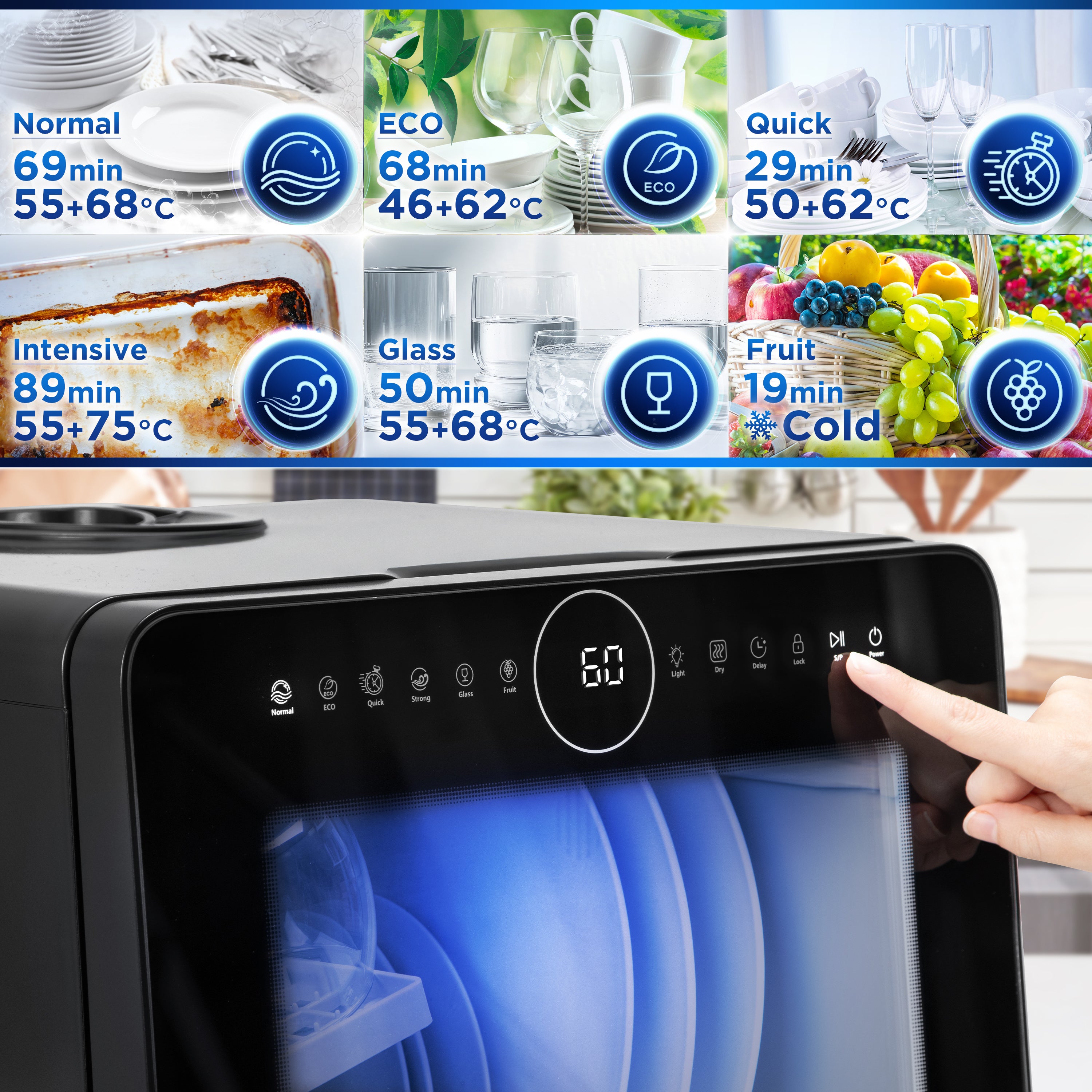 Duronic DW5 BK Dishwasher con display digitale e pulsanti per la selezione dei cicli di lavaggio.