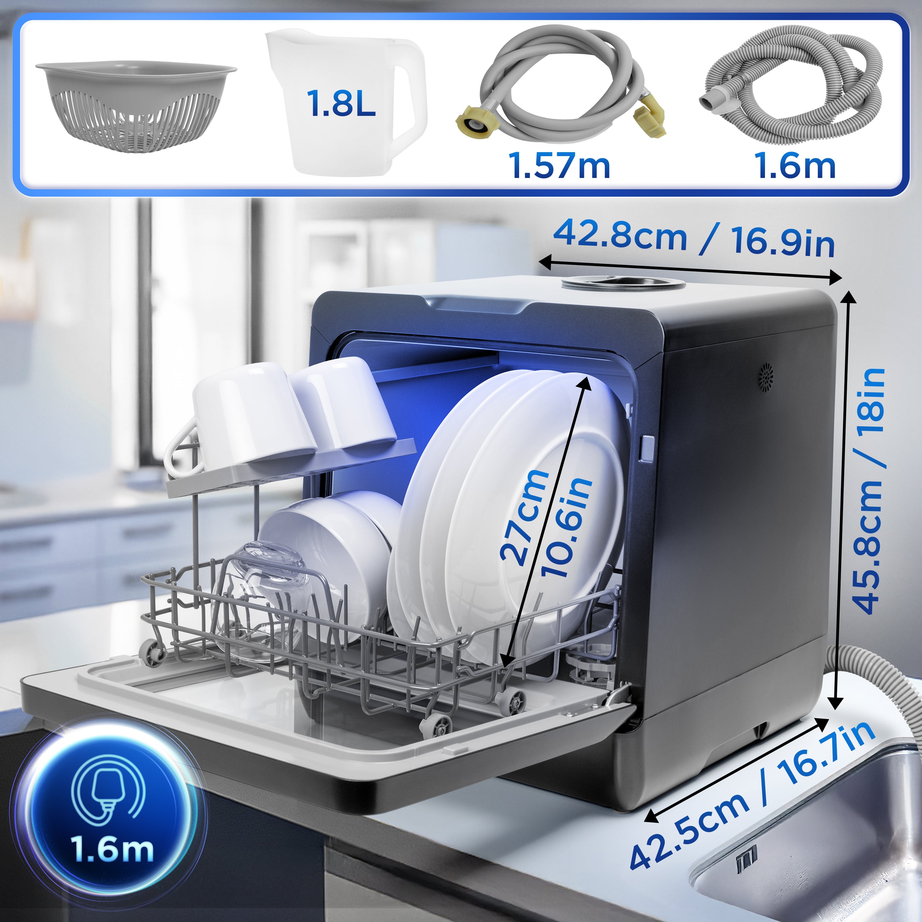 Duronic DW5 BK Dishwasher con piatti all'interno, cestello per posate, supporto per bicchieri e pannello di controllo con programmi di lavaggio.