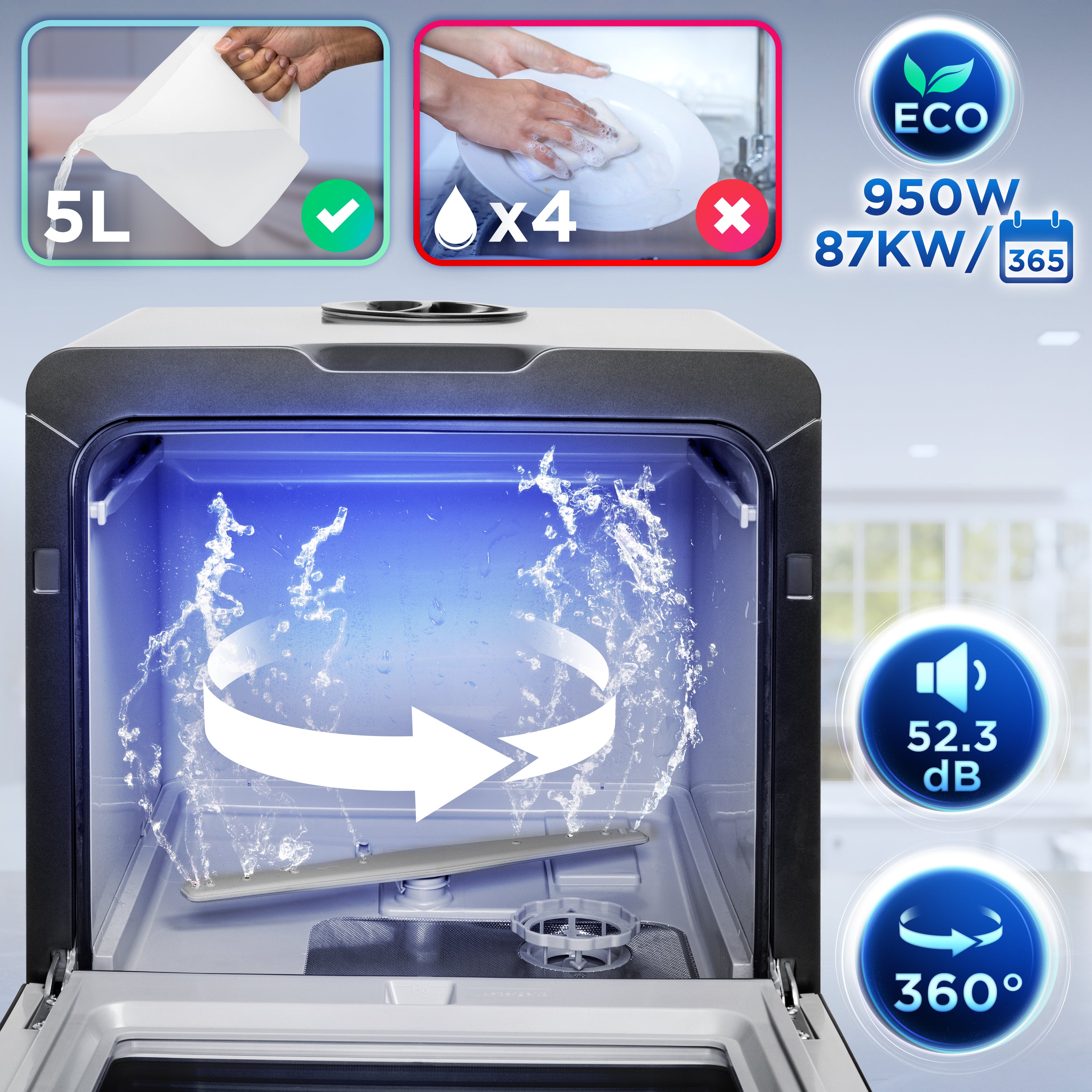 Duronic DW5 BK Dishwasher con serbatoio dell'acqua integrato per il ciclo di lavaggio.