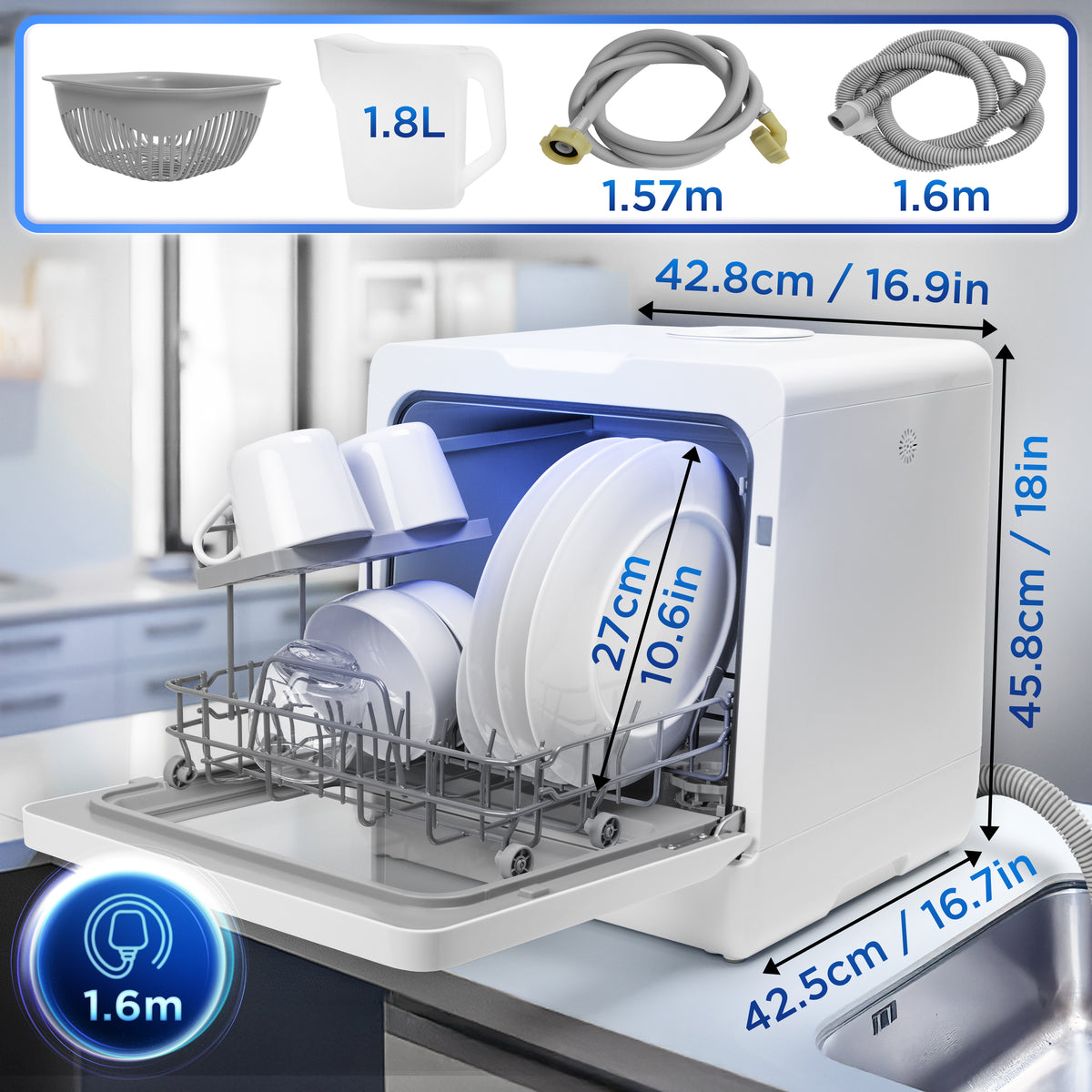 Duronic DW5 WE Lavastoviglie Compatta con Dimensioni del Prodotto e Accessori Inclusi.