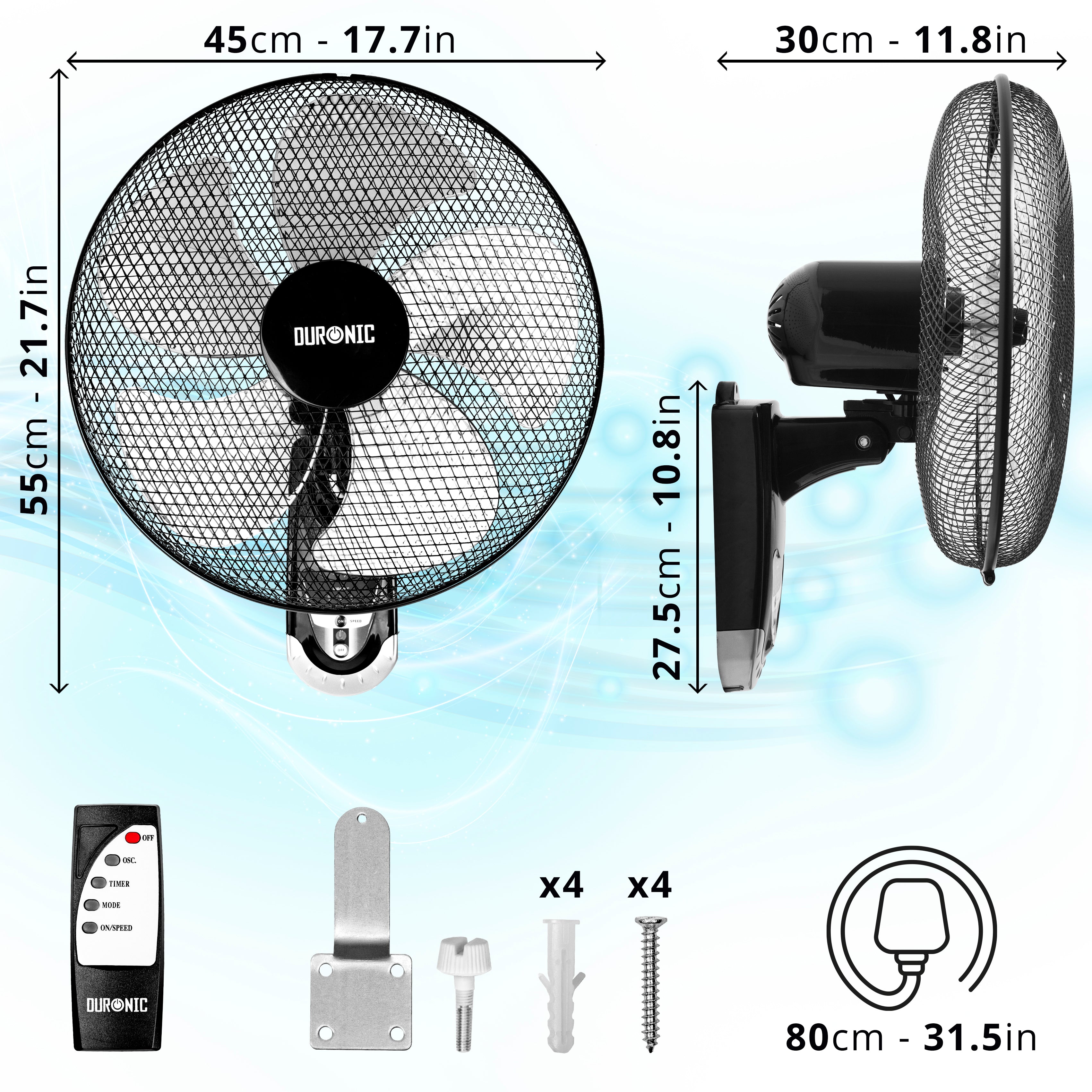 Duronic FN55 BK Dimensioni del ventilatore con testa da 40 cm e supporto a parete.
