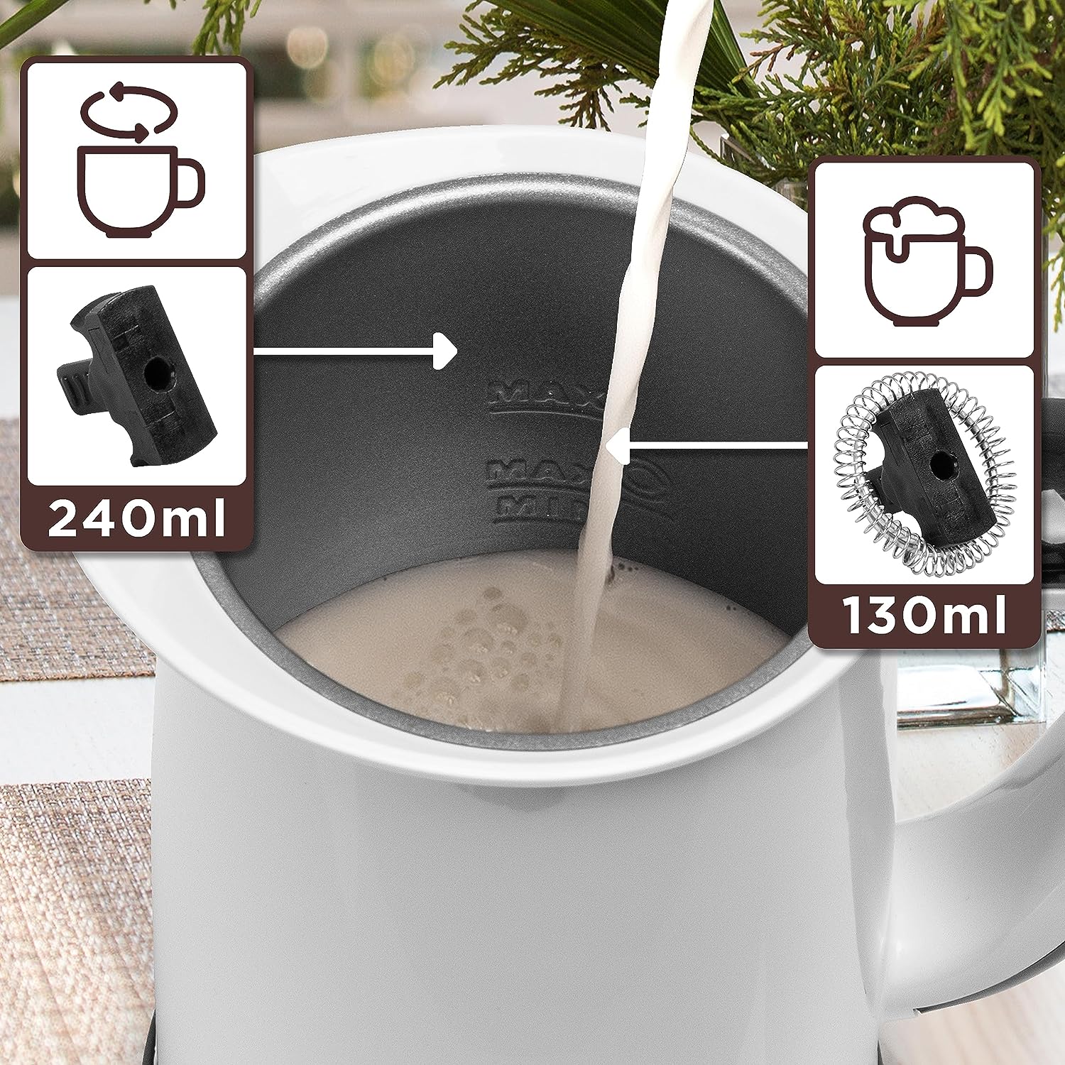 Duronic MF130 WE Montalatte Elettrico con 2 Fruste Incluse per Preparare Latte Caldo e Schiuma Cremosa per Cappuccini e Latte Macchiato.
