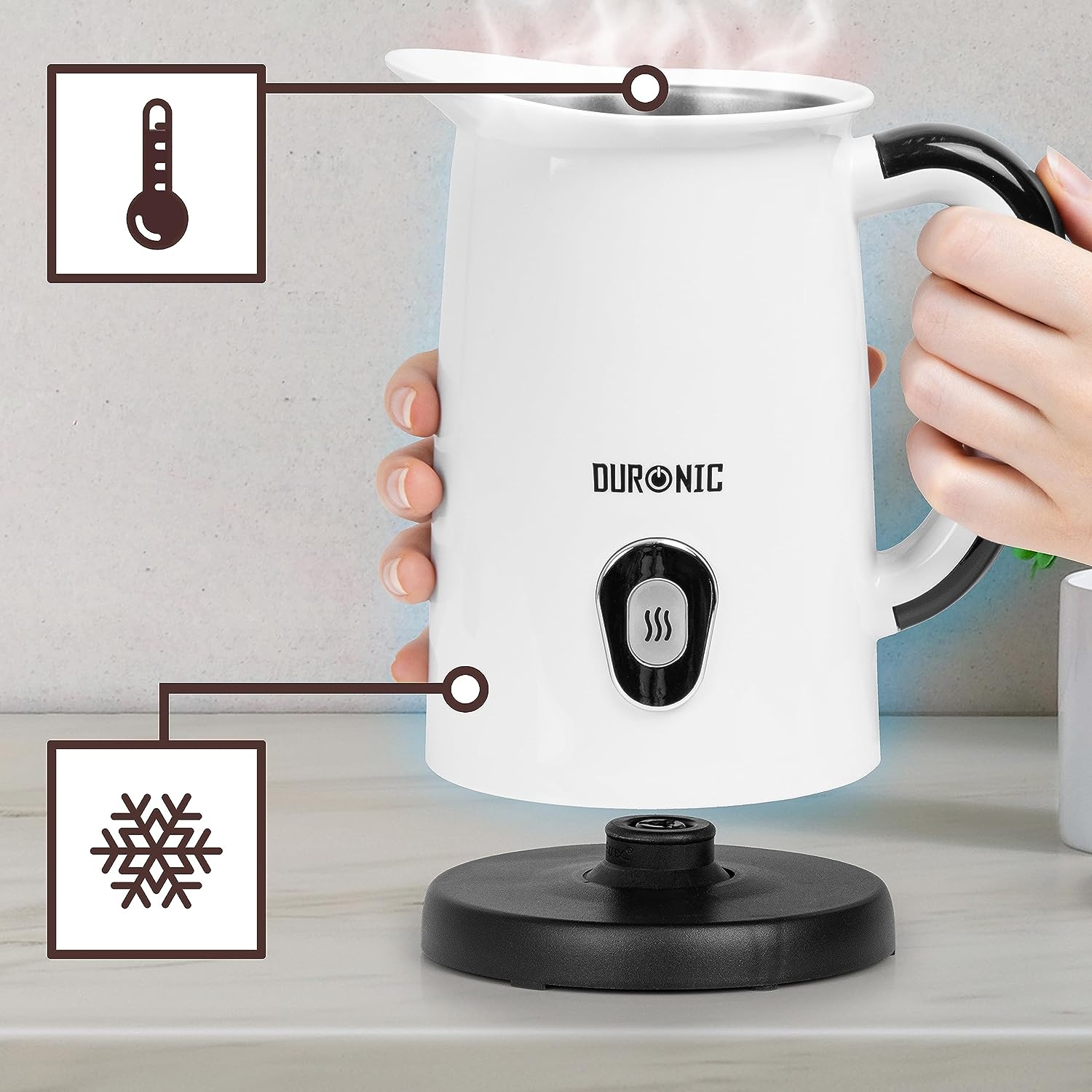 Duronic MF130 WE Montalatte Elettrico con Rivestimento Antiaderente per una Facile Pulizia e Superficie Esterna Fredda al Tatto, Ideale per Preparare Latte Caldo e Schiuma Cremosa in Sicurezza.