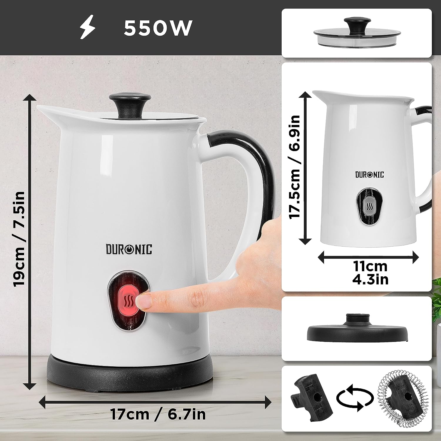 Duronic MF130 WE Montalatte Elettrico da 550 W con Dimensioni di 19 × 17 × 11,8 cm, 2 Fruste Incluse per Mescolare e Montare il Latte, Caraffa con Coperchio e Base di Alimentazione.