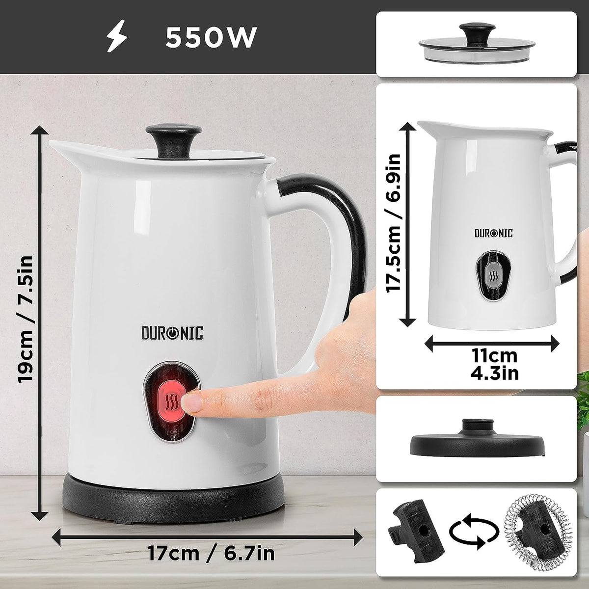 Duronic MF130 WE Montalatte Elettrico da 550 W con Dimensioni di 19 × 17 × 11,8 cm, 2 Fruste Incluse per Mescolare e Montare il Latte, Caraffa con Coperchio e Base di Alimentazione.
