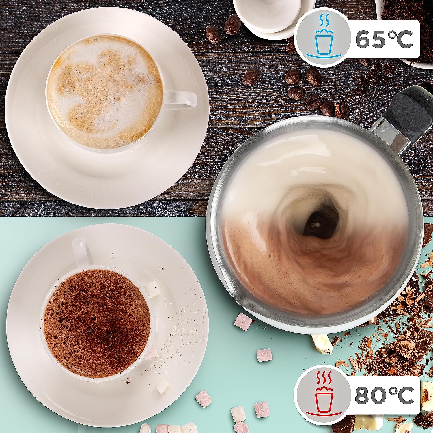 Duronic MF500 WE Montalatte Elettrico con Temperatura Regolabile da 65 °C a 80 °C per Riscaldare il Latte in Base alle Preferenze.