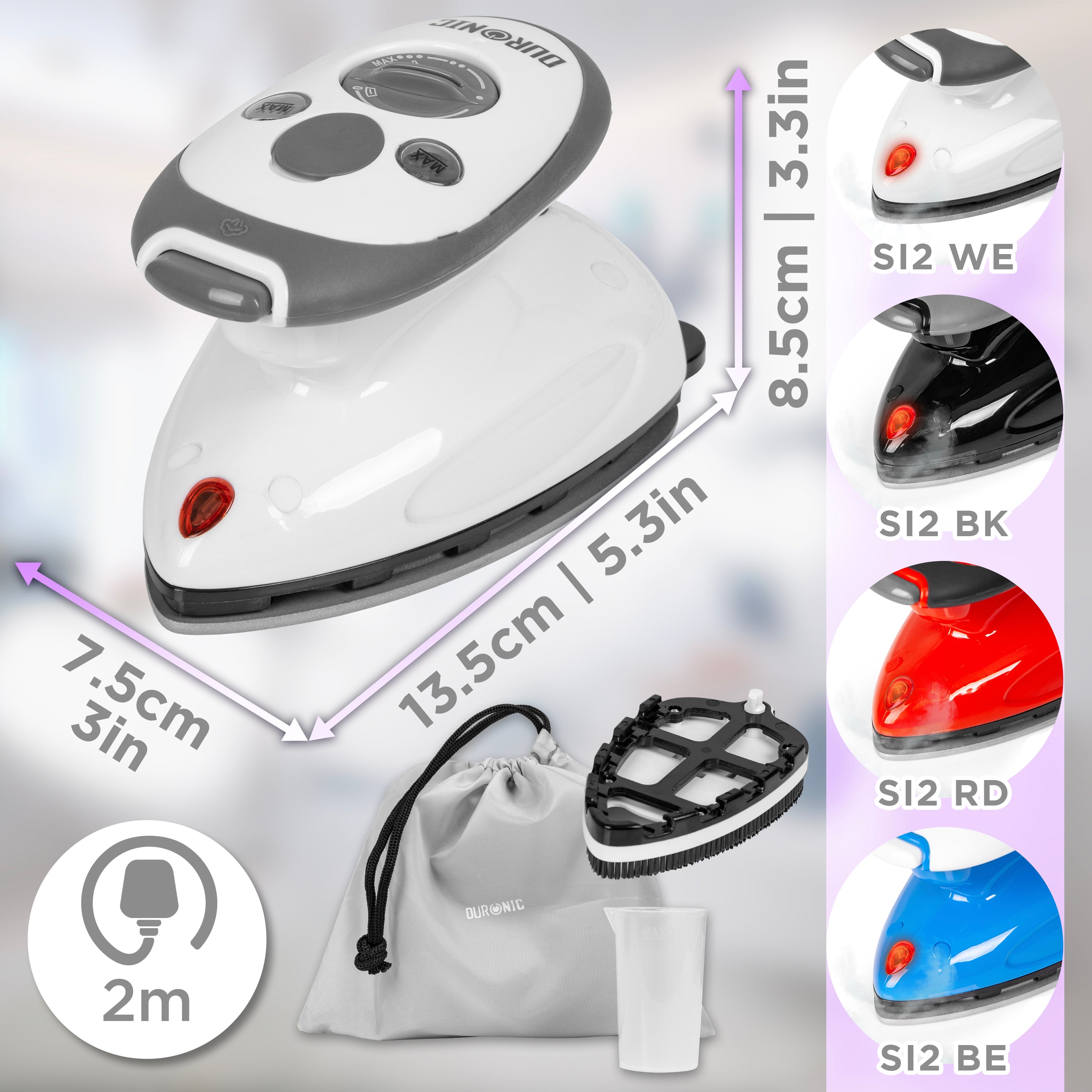 Duronic SI2 WE Mini Ferro da Stiro con dimensioni dettagliate, accessori inclusi e disponibile in diversi colori.