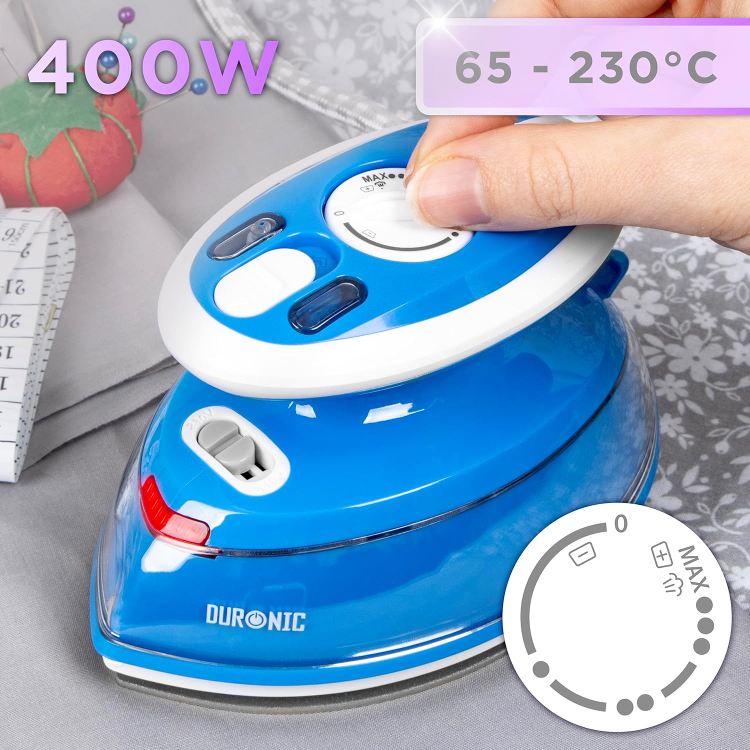 Duronic SI3 BE Mini Ferro da Stiro a Vapore con potenza di 400 W e temperatura regolabile da 65°C a 230°C.