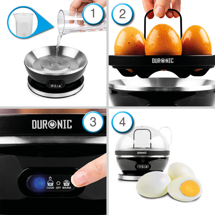 Duronic EB27 BK Cuociuova 400W | Fino a 7 uova | Sode, alla coque o medie | Cuociuova con Timer | Bollitore uova con Funzione mantenimento in caldo | Misurino e coppette per cottura in camicia