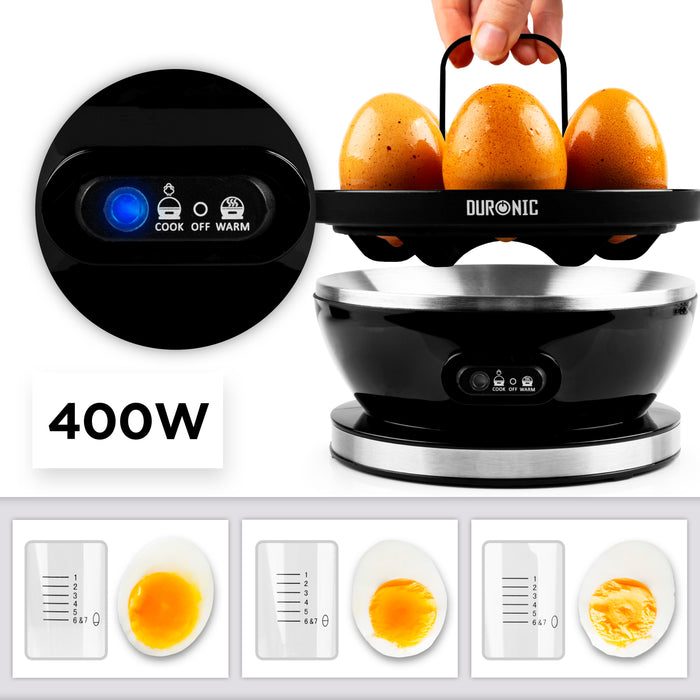 Duronic EB27 BK Cuociuova 400W | Fino a 7 uova | Sode, alla coque o medie | Cuociuova con Timer | Bollitore uova con Funzione mantenimento in caldo | Misurino e coppette per cottura in camicia