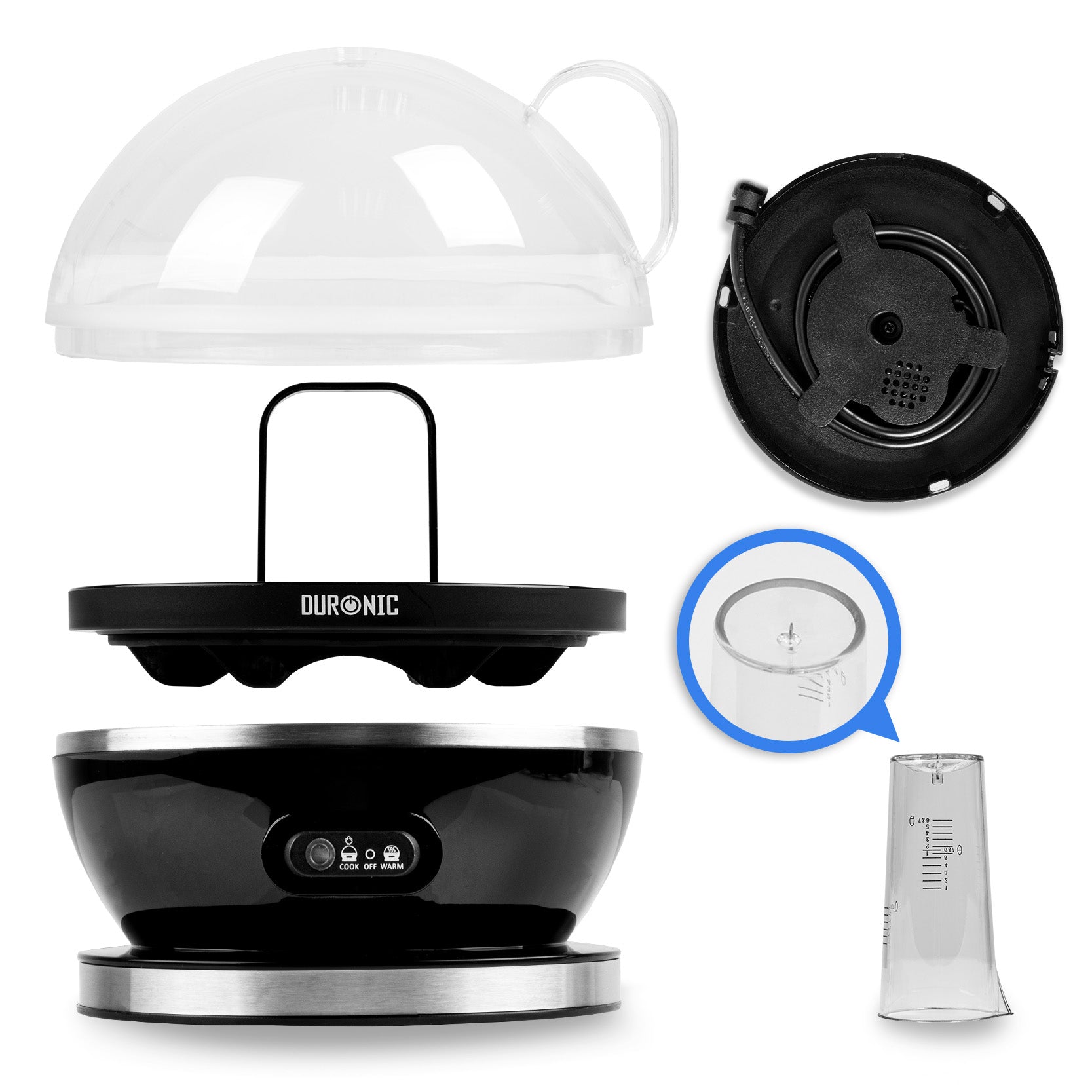 Duronic EB27 BK Cuociuova 400W | Fino a 7 uova | Sode, alla coque o medie | Cuociuova con Timer | Bollitore uova con Funzione mantenimento in caldo | Misurino e coppette per cottura in camicia