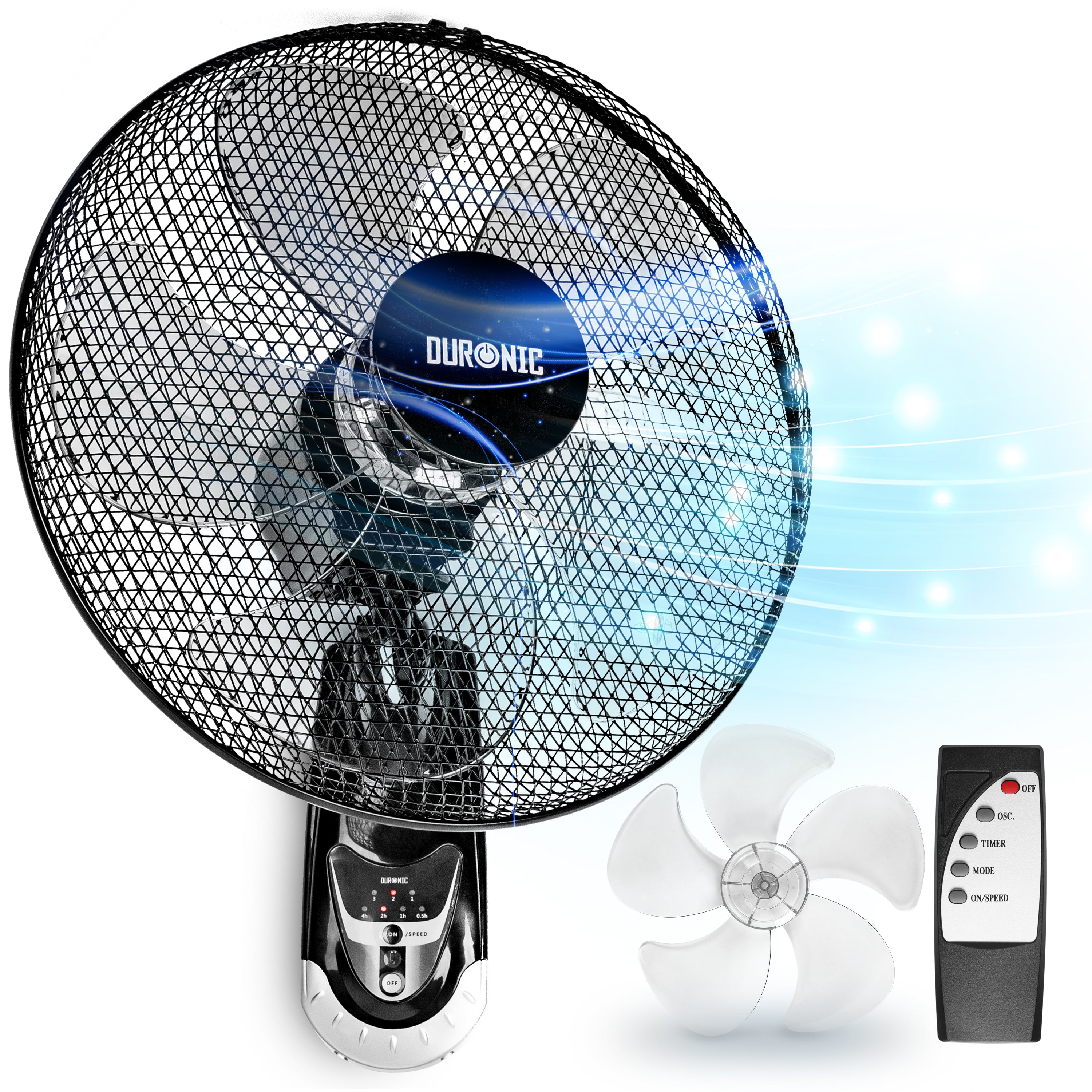 Duronic FN55 BK Ventilatore da Parete 60 W, 3 velocità con Telecomando, 5 Pale Ultra Silenzioso con Timer Fino a 4h, Ventola oscillante, Fissaggio a Muro con Montaggio e smontaggio rapido Nero