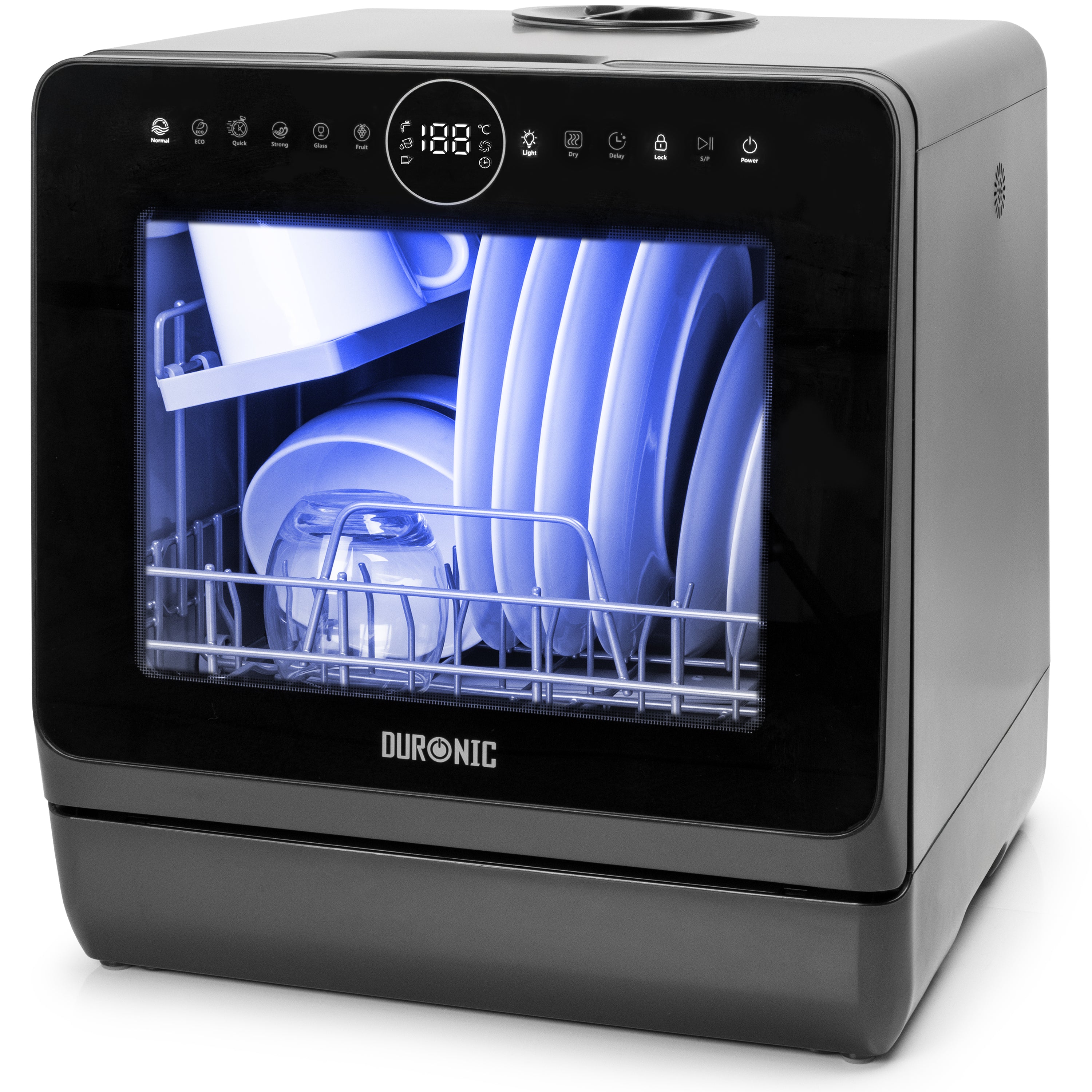Lavastoviglie compatta Duronic DW5 BK con piatti all'interno e pannello di controllo con programmi di lavaggio.
