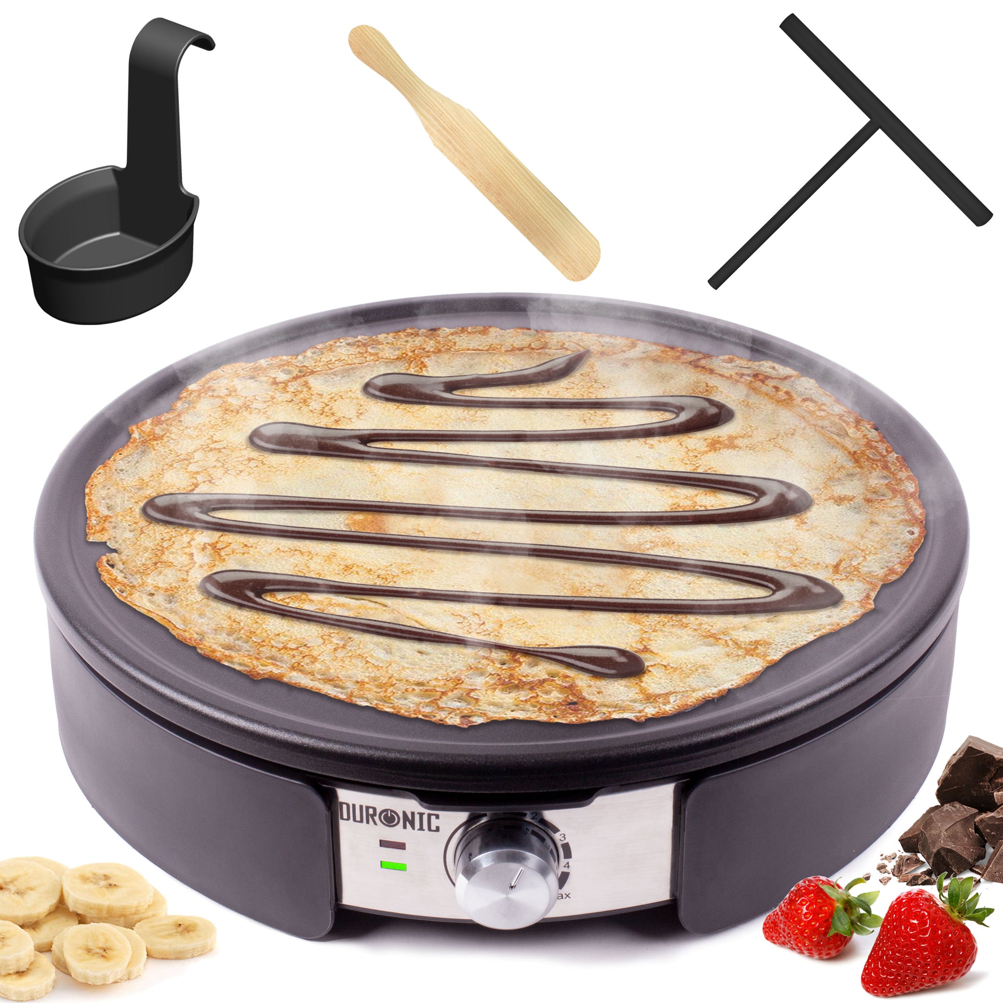Duronic PM152 Crepiera Elettrica 1500 watt, Piastra Antiaderente Grande Rimovibile 37 centimetri, Temperatura Regolabile, Crepes Maker con Spatola e Stendi Pastella, per Pancake, Crepes, Piadine, Frittate
