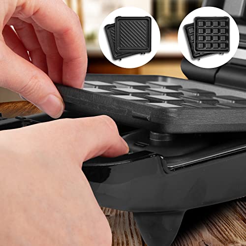 Duronic WM32 Mini Piastra per waffle 2 in 1 | Macchina per waffle singola 650W| Piastre intercambiabili | Piastra per panini | Controllo automatico della temperatura | Per tost, uova e grigliare