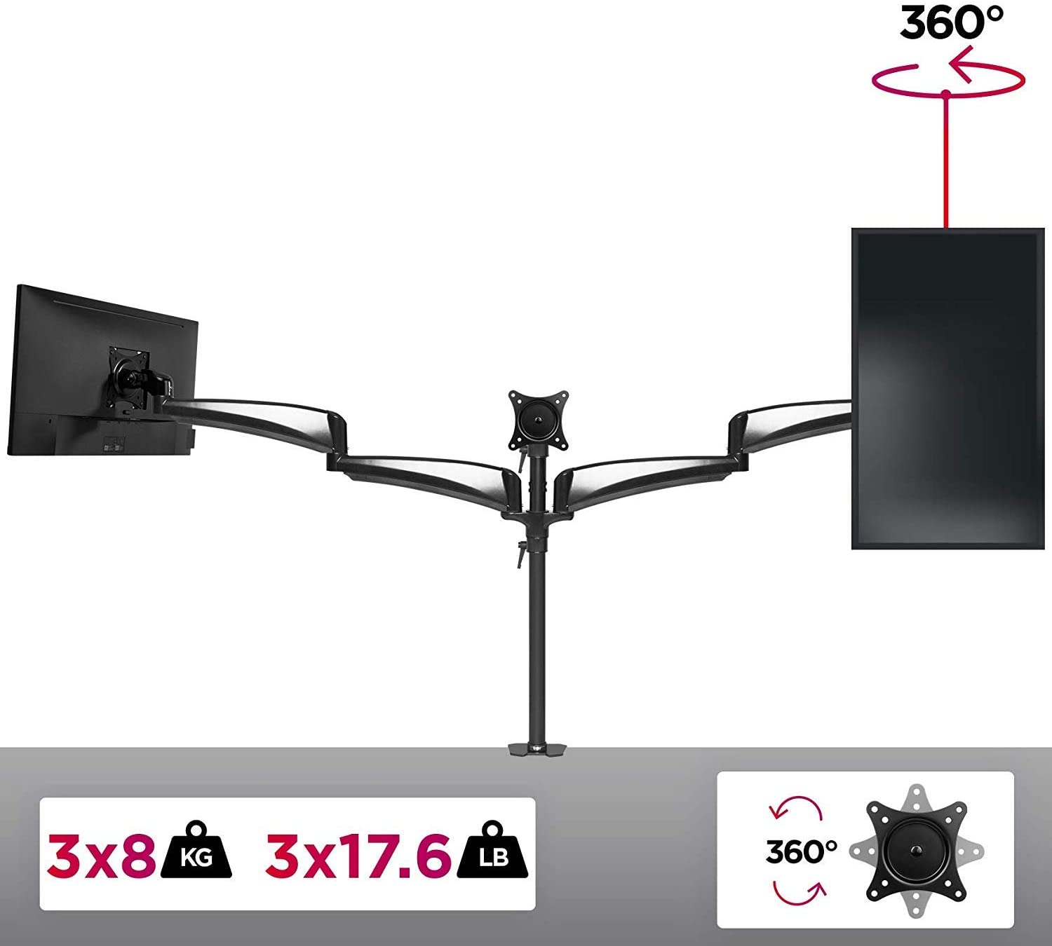 Duronic DM453 Braccio per 3 monitor da 15 a 27 pollici | Supporto schermi doppio | Inclinazione e altezza regolabile | VESA 75 100 | Supporto monitor ergonomico doppio articolato per PC nero