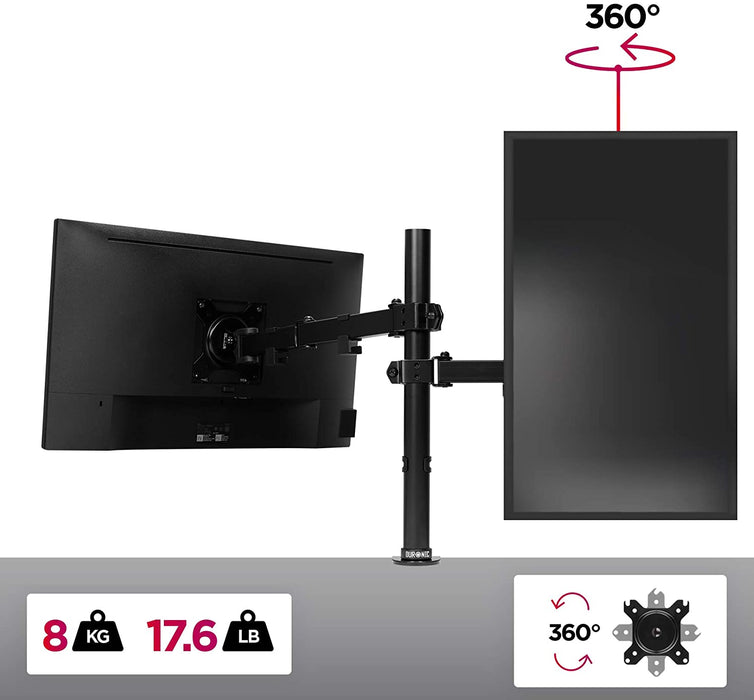 Duronic DM151X3 BK Supporto da scrivania per monitor 1332 | 8 kg con braccio estensore | Altezza regolabile | Inclinazione -15°/+15°, rotazione 180°, rotazione 360°| VESA 75/100