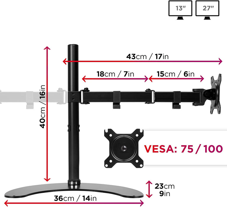 Duronic DM15D2 BK Supporto monitor da scrivania Supporto con piedistallo per 2 monitor 13-27 Altezza regolabile Adatto a monitor fino a 8 kg - VESA 75/100