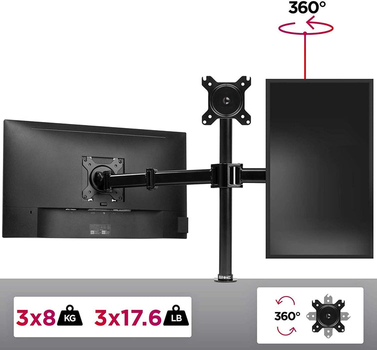 Duronic DM253 BK Braccio per 3 monitor da 13 a 27 pollici | Supporto schermi triplo | Inclinazione e altezza regolabile | VESA 75 100 | Supporto monitor ergonomico doppio articolato per PC e morsetto