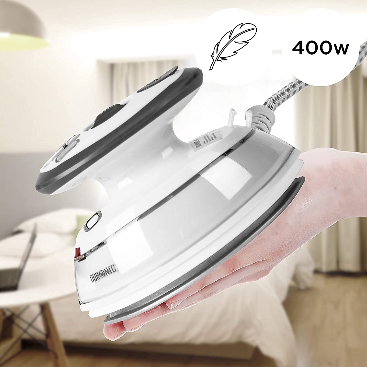 Duronic SI3 WE Mini Ferro da Stiro | Ferro da viaggio a vapore 400W | Serbatoio 35ml | Steamer portatile con base dappoggio e borsello da viaggio | Per lavori di cucito, quilting | Bianco