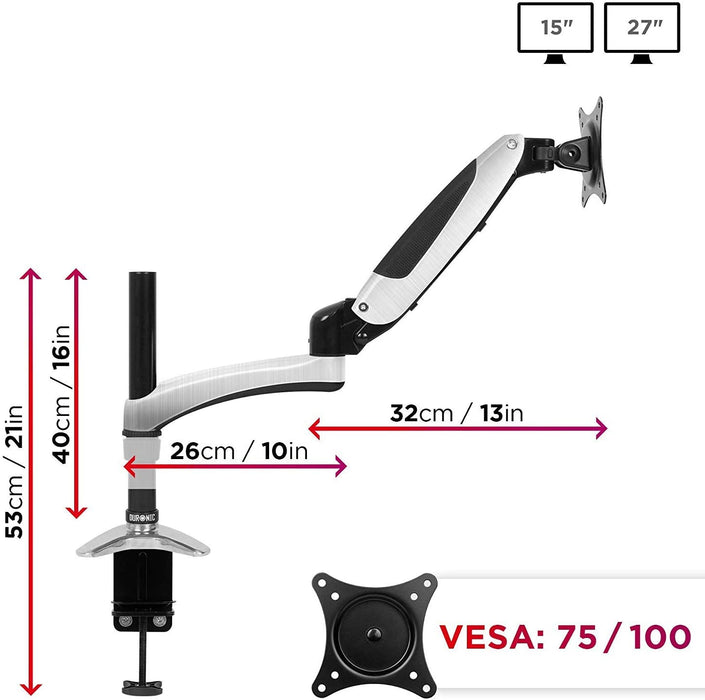 Duronic DM651X2 BK Braccio per un monitor da 15 a 27 pollici | Supporto per schermo singolo | Inclinazione e altezza regolabile | VESA 75 100 | Supporto monitor con tensione gas per PC | Con morsetto