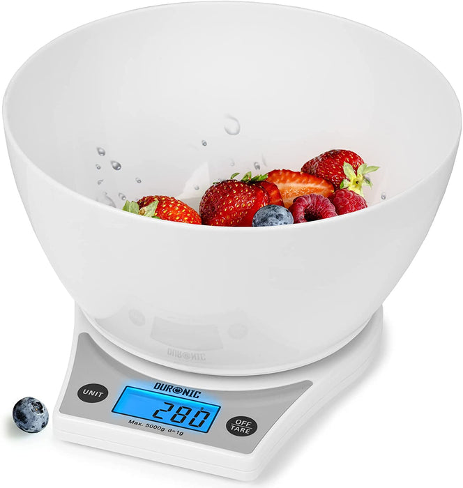 Duronic KS6000 WH/WH Bilancia da cucina - Bilancia ad alta precisione con display LCD retro illuminato - Portata 1g / 5 kg con ciotola bianca da 2L - Piattaforma bianca - Funzione Tara