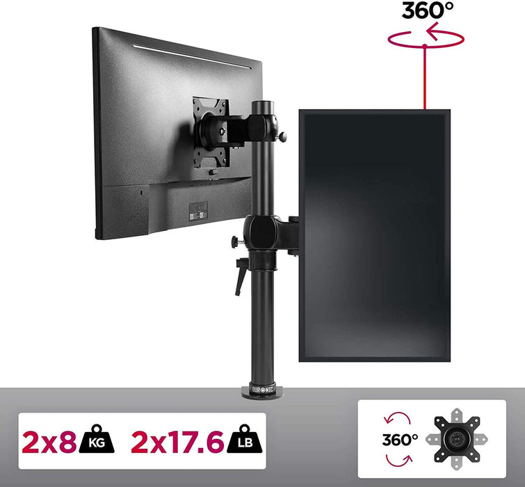 Duronic DM35V2X1 Supporto Monitor doppio per 2 schermi da 13-27 pollici, Braccio monitor PC ergonomico fino 8kg, VESA 75/100mm, regolabile altezza inclinazione girevole, per ufficio casa scuola, nero