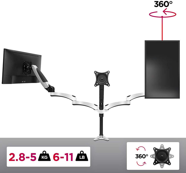 Duronic DM653 BK Braccio per 3 monitor da 15 a 27 pollici | Supporto schermi triplo | Inclinazione e altezza regolabile | VESA 75 100 | Supporto monitor con tensione gas per PC | Con morsetto